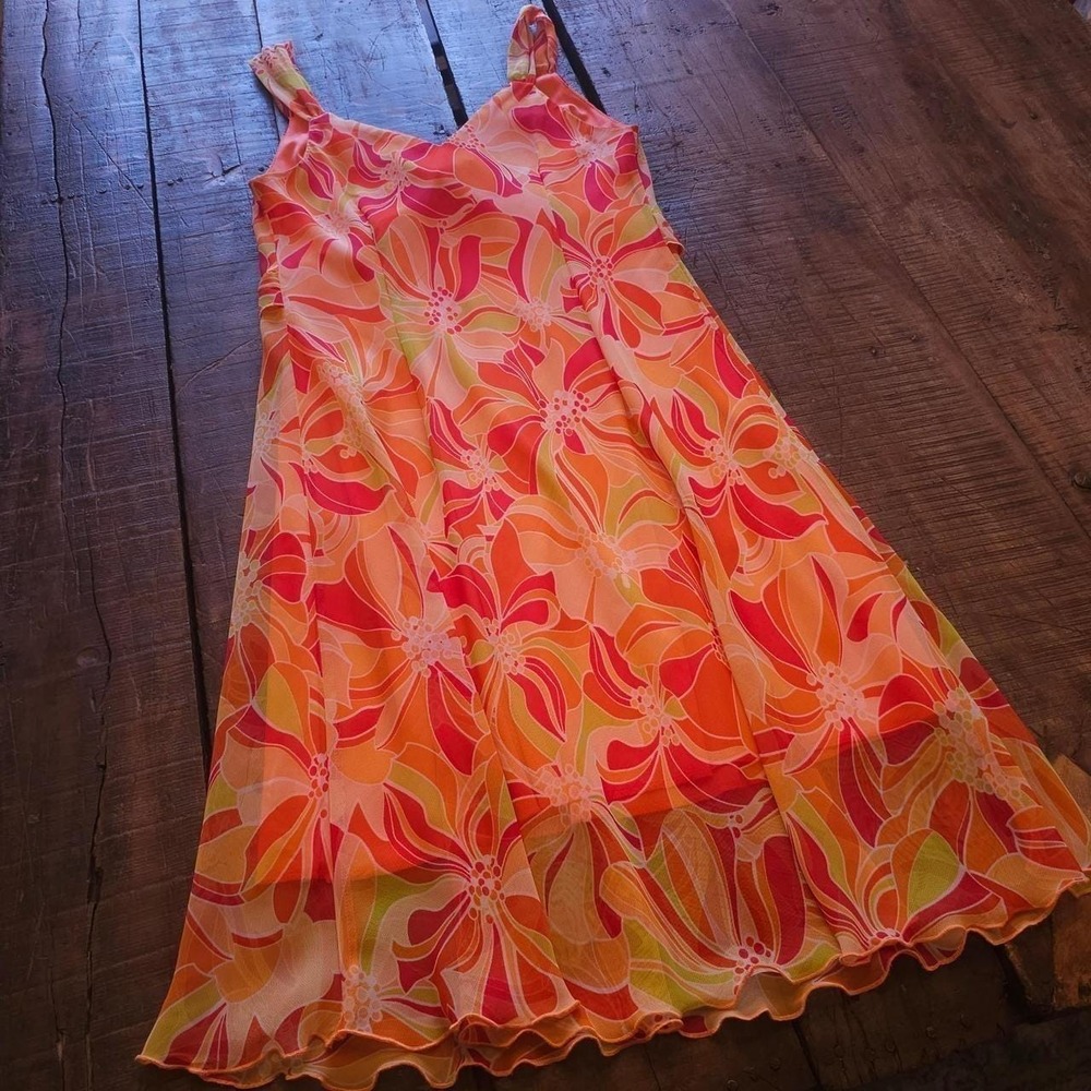 Y2K Early 2000s Orange & Pink Floral Print Dress Ruffle Summer Sun Dress Vintage - Picture 7 of 8